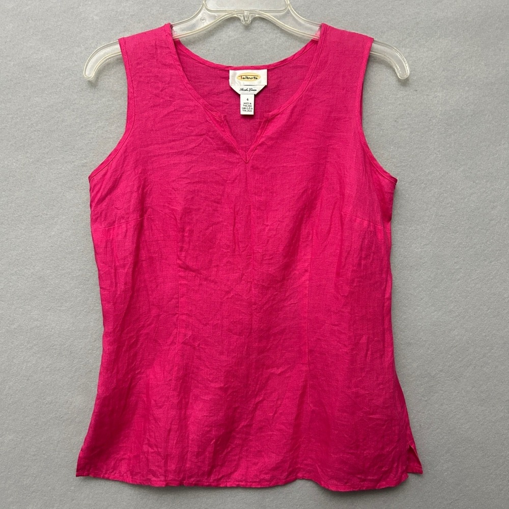 Talbots Womens 4 Tank Top Pink Irish Linen Split Neck Shell Sleeveless V-Neck